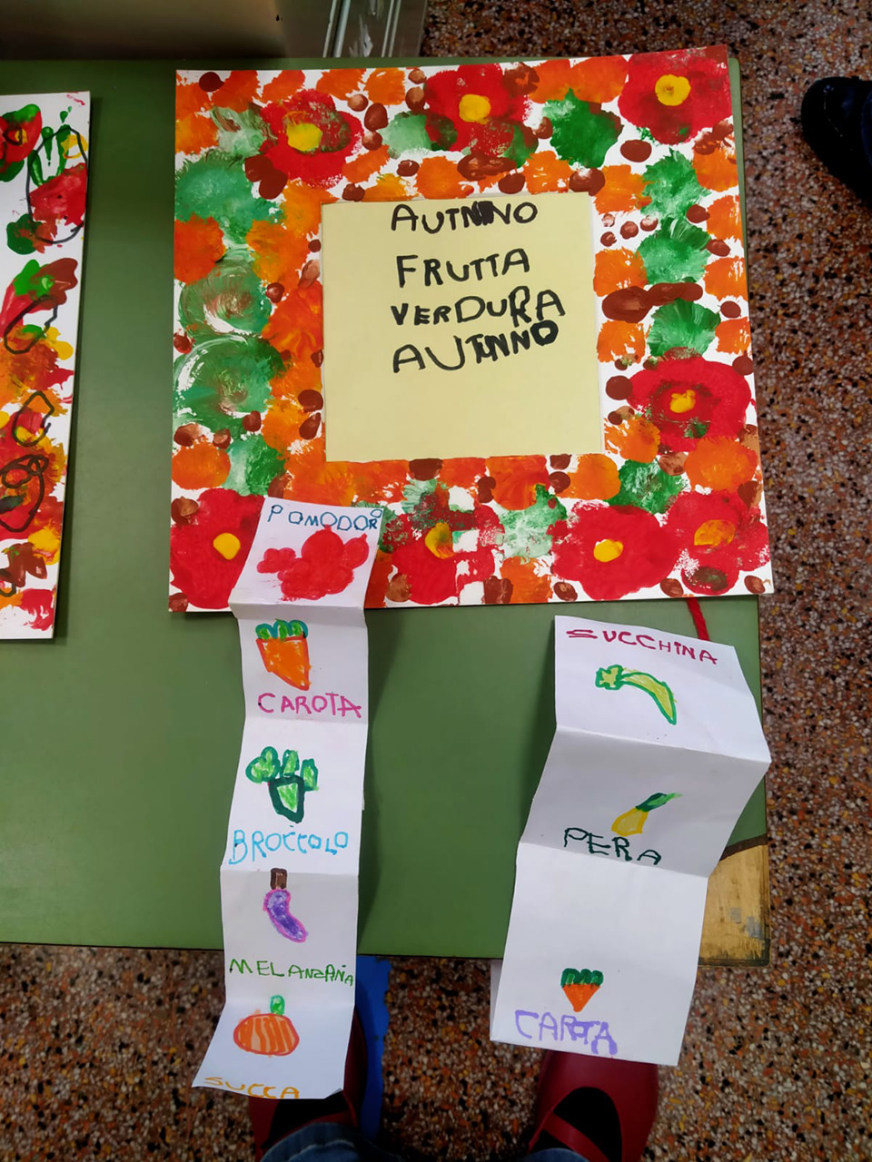 cartellone creato da bambini con vari disegni di frutta e verdura